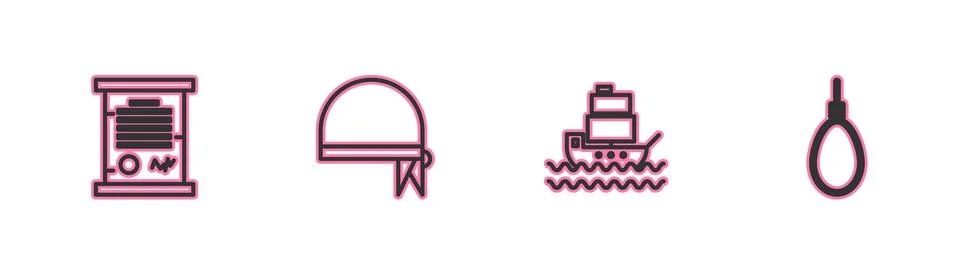 Set line Decree, parchment, scroll, Ship, Pirate bandana for head and Gallows 스톡 일러스트