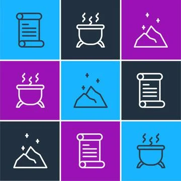 Set line Decree, parchment, scroll, Magic powder and Witch cauldron icon. Vector Stock Illustration