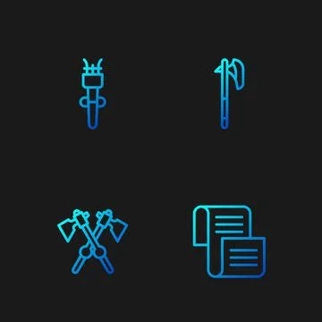 Set line Decree, parchment, scroll, Crossed medieval axes, Torch flame and Illustrazione stock