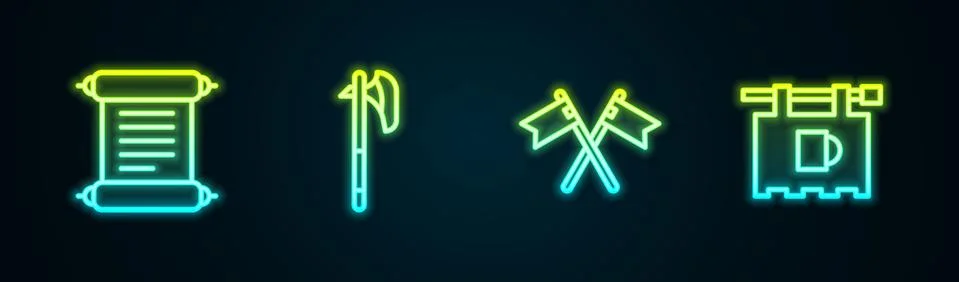 Set line Decree, parchment, scroll, Medieval axe, Crossed medieval flag and Illustrazione stock