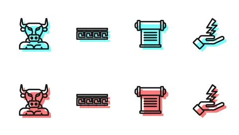 Set line Decree, parchment, scroll, Minotaur, Ancient Greek pattern and Zeus Stock Illustration