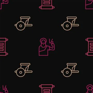 Set line Decree, parchment, scroll, Ancient chariot and Zeus on seamless pattern Stock Illustration