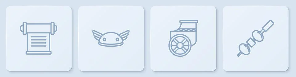 Set line Decree, parchment, scroll, Ancient chariot, Helmet with wings and Olive Illustrazione stock