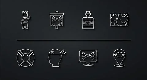 Set line Decree, parchment, scroll, Lifebuoy, Pirate treasure map, Location Stock Illustration