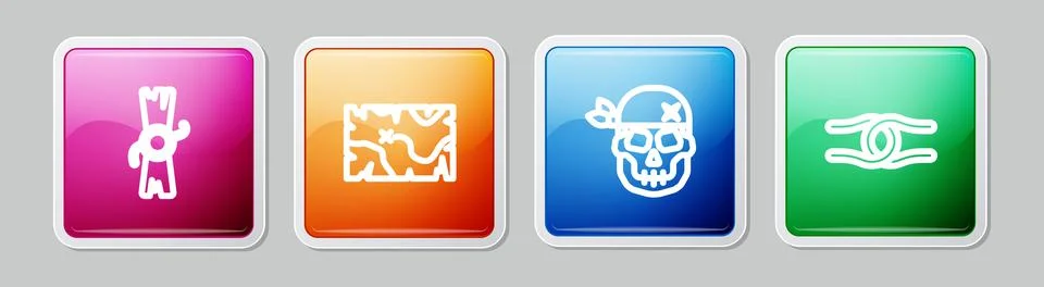Set line Decree, parchment, scroll, Pirate treasure map, Skull and Rope tied in Illustrazione stock