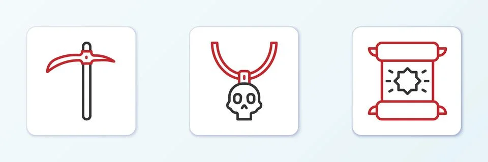 Set line Decree, parchment, scroll, Pickaxe and Necklace amulet icon. Vector Stock Illustration