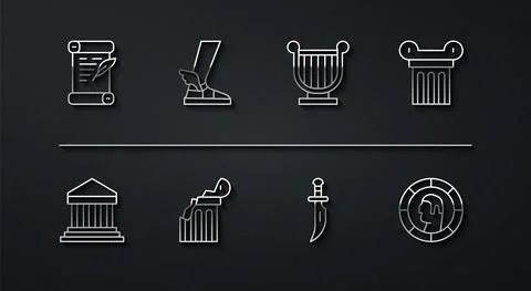 Set line Decree, parchment, scroll, Parthenon, Ancient column, Dagger, Broken Ilustración de archivo