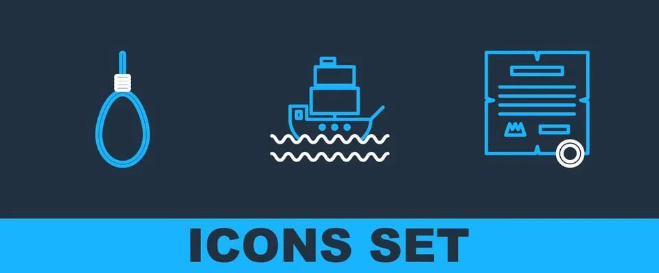 Set line Decree, parchment, scroll, Gallows rope loop hanging and Ship icon Stock Illustration