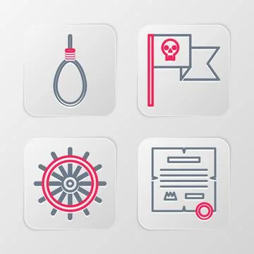 Set line Decree, parchment, scroll, Ship steering wheel, Pirate flag with skull Illustrazione stock