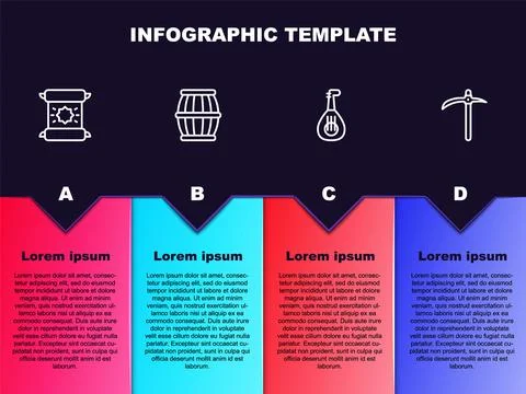 Set line Decree, parchment, scroll, Gun powder barrel, Lute and Pickaxe Stock Illustration