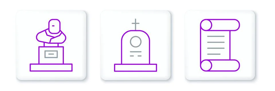 Set line Decree, parchment, scroll, Grave with tombstone and  icon. Vector Illustrazione stock