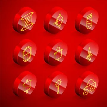 Set line Decree, parchment, scroll, Medieval bow and arrow, Quiver with arrow Stock Illustration