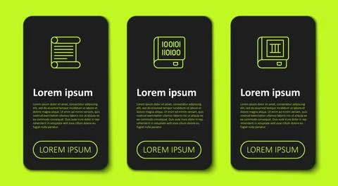 Set line Decree, parchment, scroll, Books about programming and . Business in Illustration