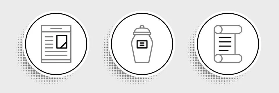 Set line Decree, parchment, scroll, Obituaries and Funeral urn icon. Vector イラスト素材