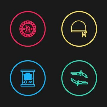 Set line Decree, parchment, scroll, Vintage pistols, Pirate bandana for head and Illustrazione stock