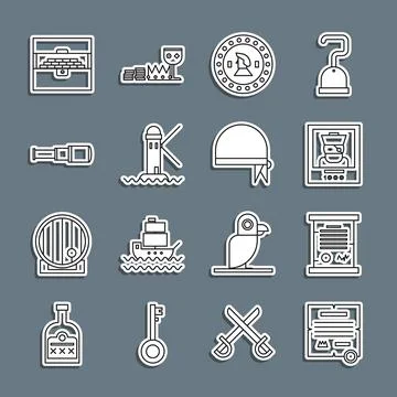 Set line Decree, parchment, scroll, Wanted poster pirate, Pirate coin, Lighth Stock Illustration