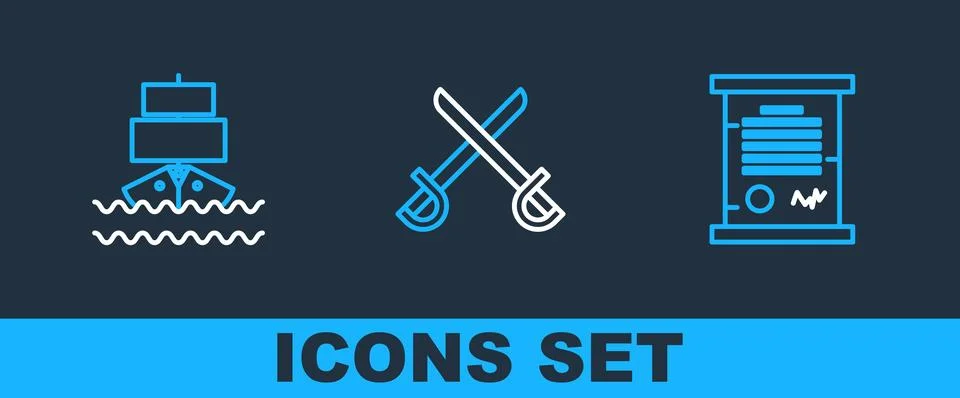 Set line Decree, parchment, scroll, Ship and Crossed pirate swords icon. Vector イラスト素材
