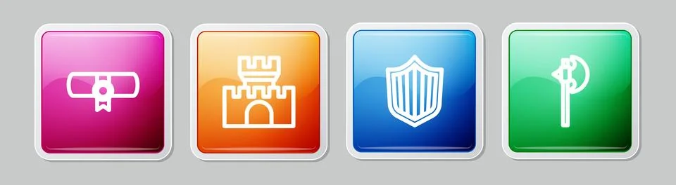 Set line Decree, parchment, scroll, Castle, fortress, Shield and Medieval axe Stock Illustration