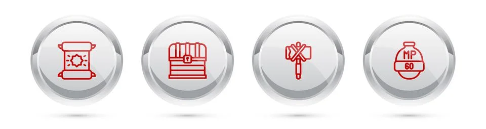 Set line Decree, parchment, scroll, Chest, Medieval axe and Video game bar Stock Illustration
