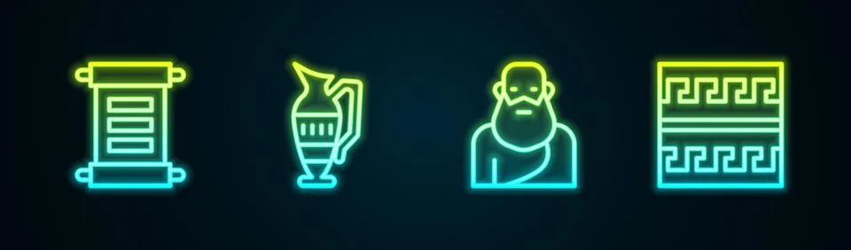 Set line Decree, parchment, scroll, Ancient amphorae, Socrates and Greek pattern Stock Illustration