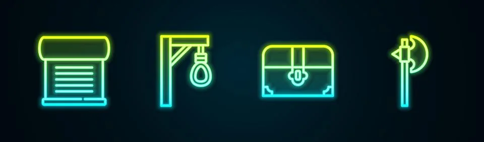 Set line Decree, parchment, scroll, Gallows, Antique treasure chest and Medieval Illustrazione stock