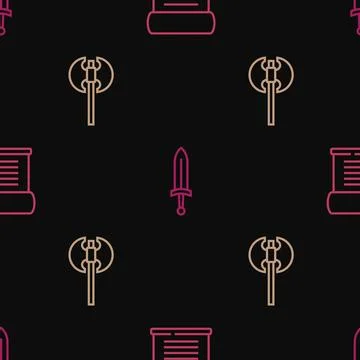 Set line Decree, parchment, scroll, Medieval axe and sword on seamless pattern Illustrazione stock