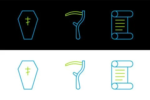 Set line Decree, parchment, scroll, Coffin with cross and Scythe icon. Vector Stock Illustration