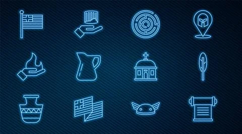 Set line Decree, parchment, scroll, Feather pen, Minotaur labyrinth, Bottle.. Ilustración de archivo