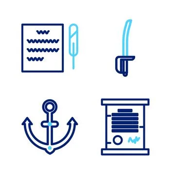 Set line Decree, parchment, scroll, Anchor, Pirate sword and Feather pen an.. Stock Illustration