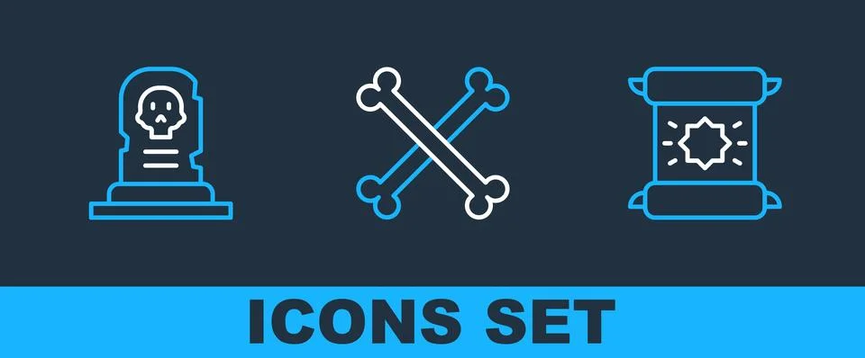 Set line Decree, parchment, scroll, Grave with tombstone and Crossed human .. Illustration