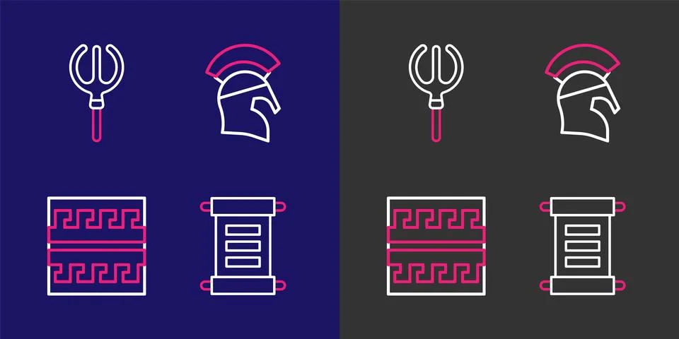 Set line Decree, parchment, scroll, Ancient Greek pattern, helmet and Neptu.. Stock Illustration