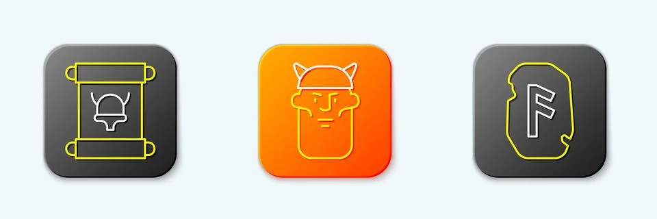 Set line Decree, parchment, scroll, Viking head and Magic rune icon. Vector 스톡 일러스트