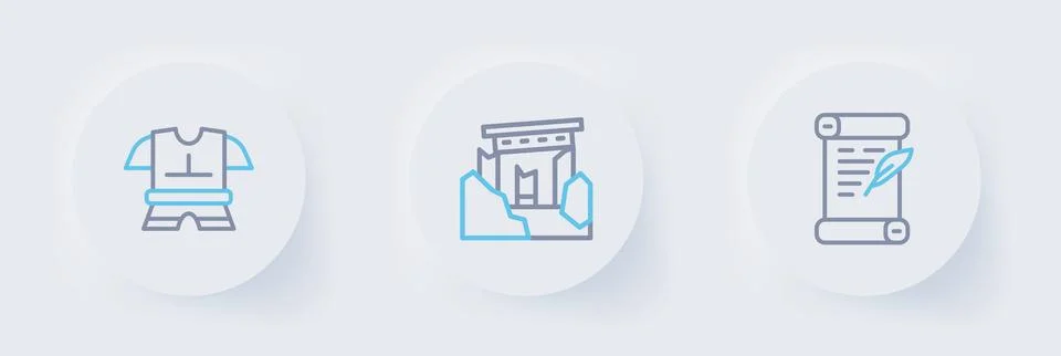 Set line Decree, parchment, scroll, Ancient ruins and Body armor icon. Vector Stock Illustration