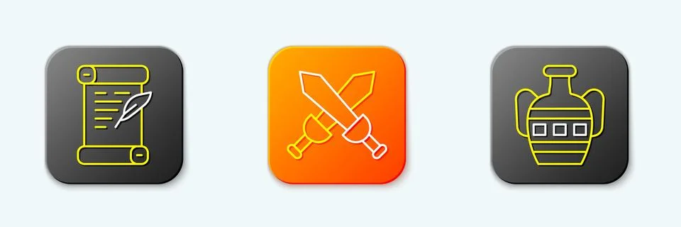 Set line Decree, parchment, scroll, Crossed medieval sword and Ancient amph.. Иллюстрация