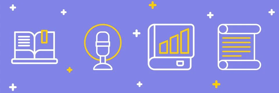 Set line Decree, parchment, scroll, Financial book, Microphone and Open ico.. Illustrazione stock