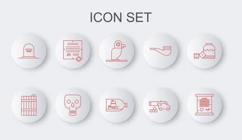 Set line Decree, parchment, scroll, Wooden barrel, Pirate parrot, Cannon wi.. Illustrazione stock