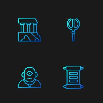Set line Decree, parchment, scroll, Cyclops, Parthenon and Neptune Trident... Stock Illustration