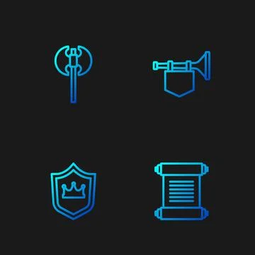 Set line Decree, parchment, scroll, Shield with crown, Medieval axe and Tru.. Stock Illustration