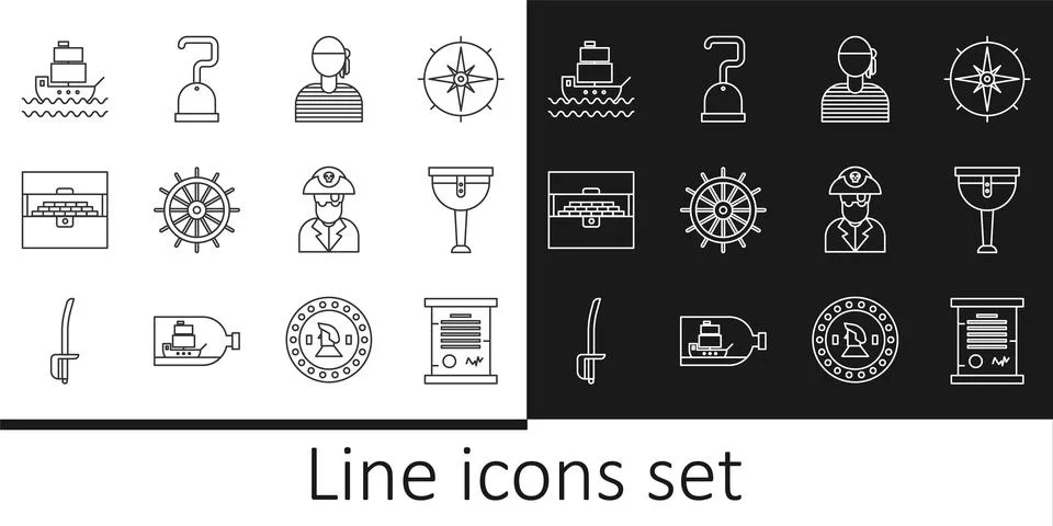 Set line Decree, parchment, scroll, Wooden pirate leg, Sailor captain, Ship.. Иллюстрация