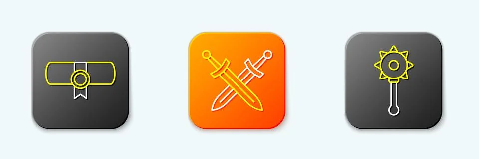 Set line Decree, parchment, scroll, Crossed medieval sword and Medieval cha.. Иллюстрация