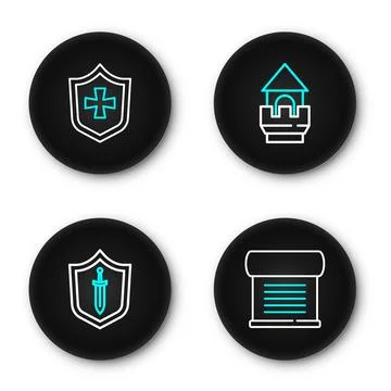 Set line Decree, parchment, scroll, Medieval shield with sword, Castle towe.. Stock Illustration