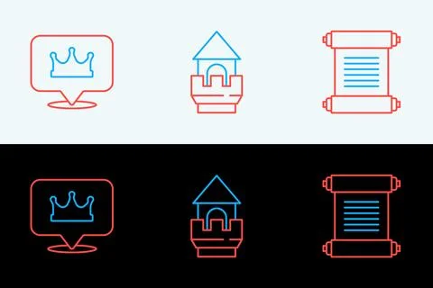 Set line Decree, parchment, scroll, Location king crown and Castle tower ic.. Stock Illustration