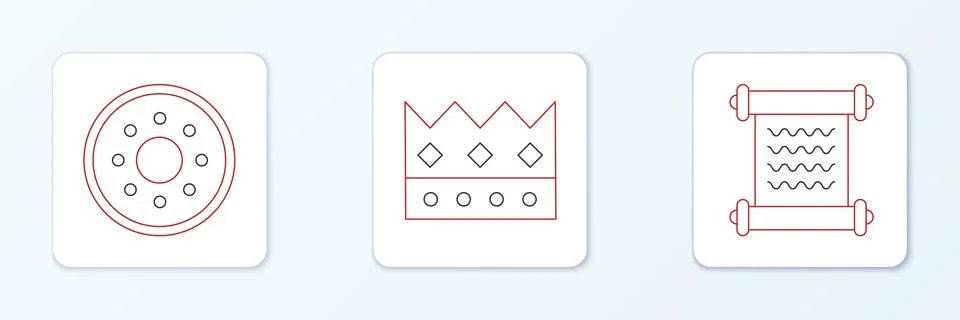 Set line Decree, parchment, scroll, Round wooden shield and King crown icon.. Stock Illustration