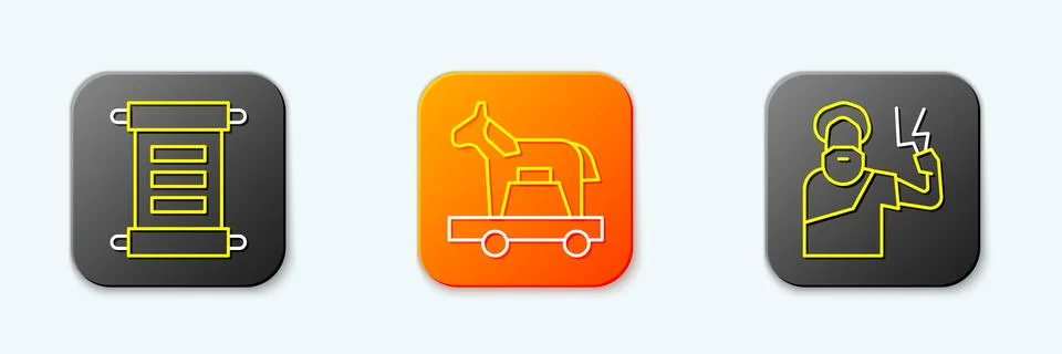 Set line Decree, parchment, scroll, Trojan horse and Zeus icon. Vector Illustrazione stock