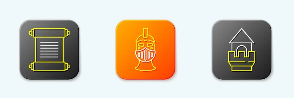 Set line Decree, parchment, scroll, Medieval iron helmet and Castle tower i.. Stock Illustration