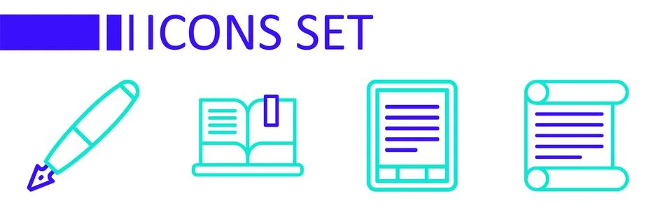 Set line Decree, parchment, scroll, E-Book reader, Open book and Fountain n.. Stock Illustration