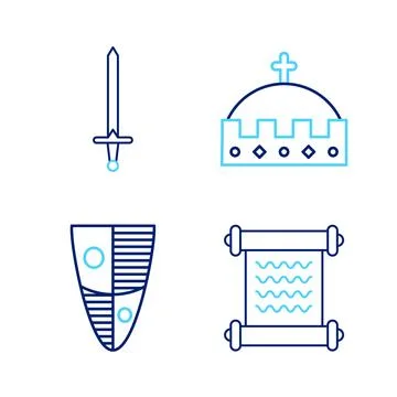 Set line Decree, parchment, scroll, Shield, King crown and Medieval sword i.. Stock Illustration