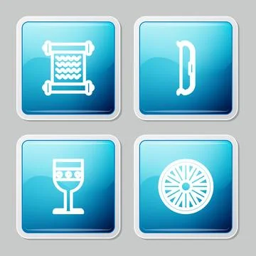Set line Decree, parchment, scroll, Medieval bow, goblet and Old wooden wheel Stock Illustration