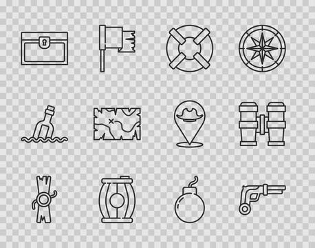 Set line Decree, parchment, scroll, Vintage pistols, Lifebuoy, Gun powder b.. Stock Illustration
