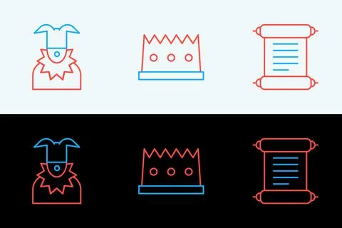 Set line Decree, parchment, scroll, Joker head and King crown icon. Vector Illustrazione stock